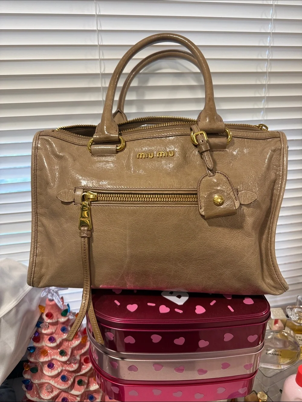 Miu Miu Beige Leather Satchel with Gold Hardware